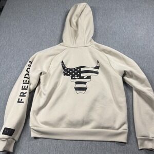 Under Armour Project Rock Freedom Hoodie Womens S Cream Brahma Bull Fleece Sweat
